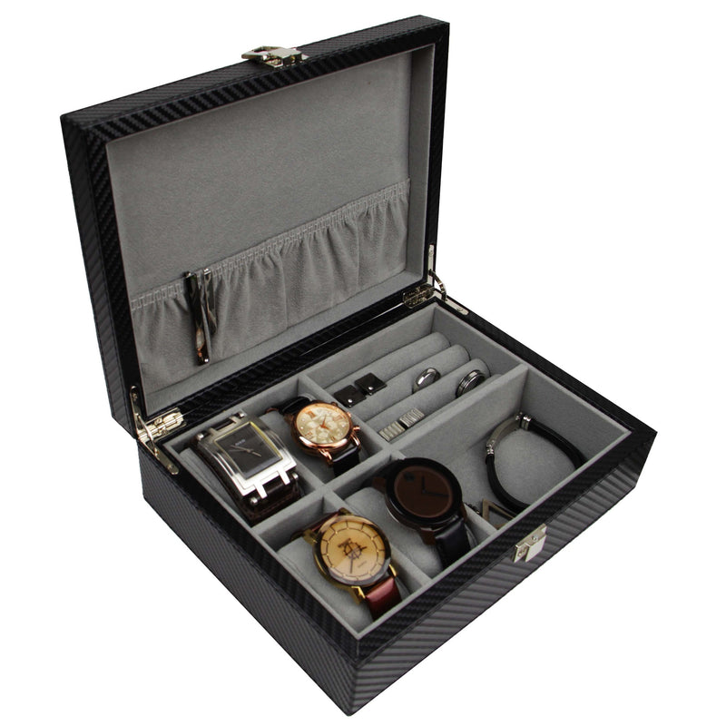 Decorebay Black Handcrafted PU Leather Watch and Cufflink Storage Organizer