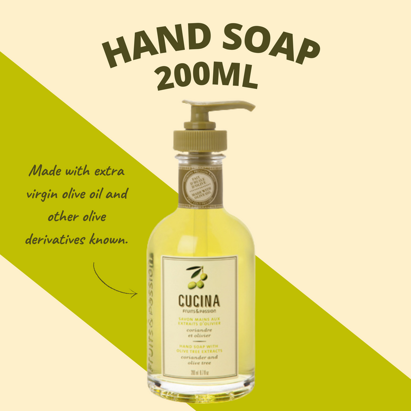 Fruit & Passion Cucina Kitchen Trio Coriander Olive Hand Soap with Olive Oil (200 ml) Regenerating Hand Cream (150 ml) Fragrant Kitchen Mist (100ml) bundle