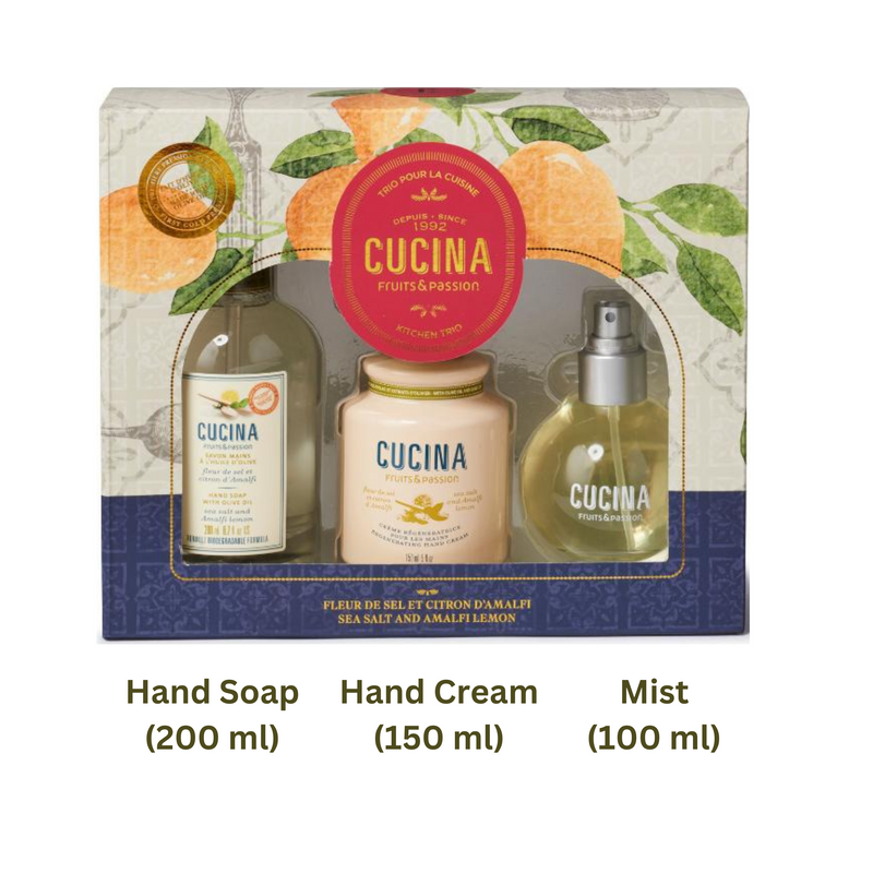 Fruit & Passion Cucina Kitchen Trio Sea Salt and Amalfi Lemon Hand Soap (200 ml) Regenerating Hand Cream (150 ml) Fragrant Kitchen Mist (100ml) bundle