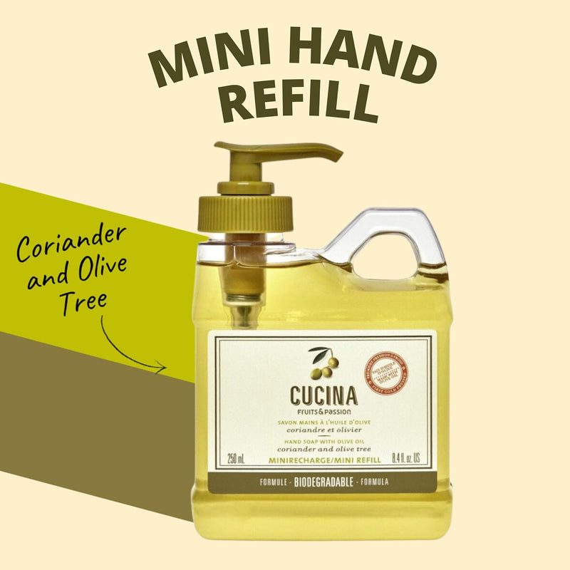 Fruit & Passion Cucina Coriander & Olive Mini Hand Soap Refill (250ml) and Nourishing Hand Cream (50ml) Bundle
