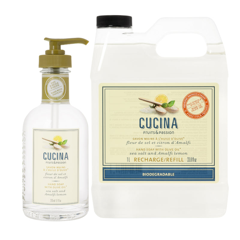 Fruits & Passion Cucina Sea Salt and Amalfi Lemon Hand Soap 200ml + 1L Refill Set