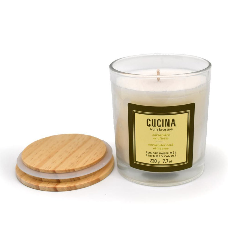 Fruits & Passion Cucina Coriander and Olive Tree Perfumed Plant Based Wax Candle 7.7 Ounces- Opened