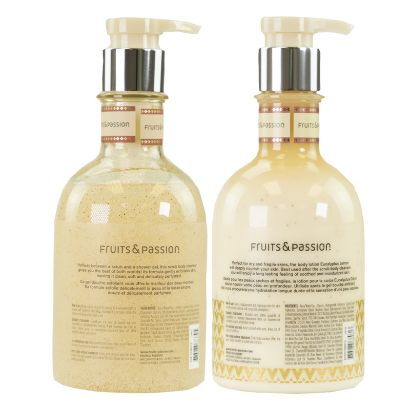 Fruits & Passion Eucalyptus Lemon Moisturizing Body Lotion and Exfoliating Body Scrub 13.5 Ounces Set - Back Description