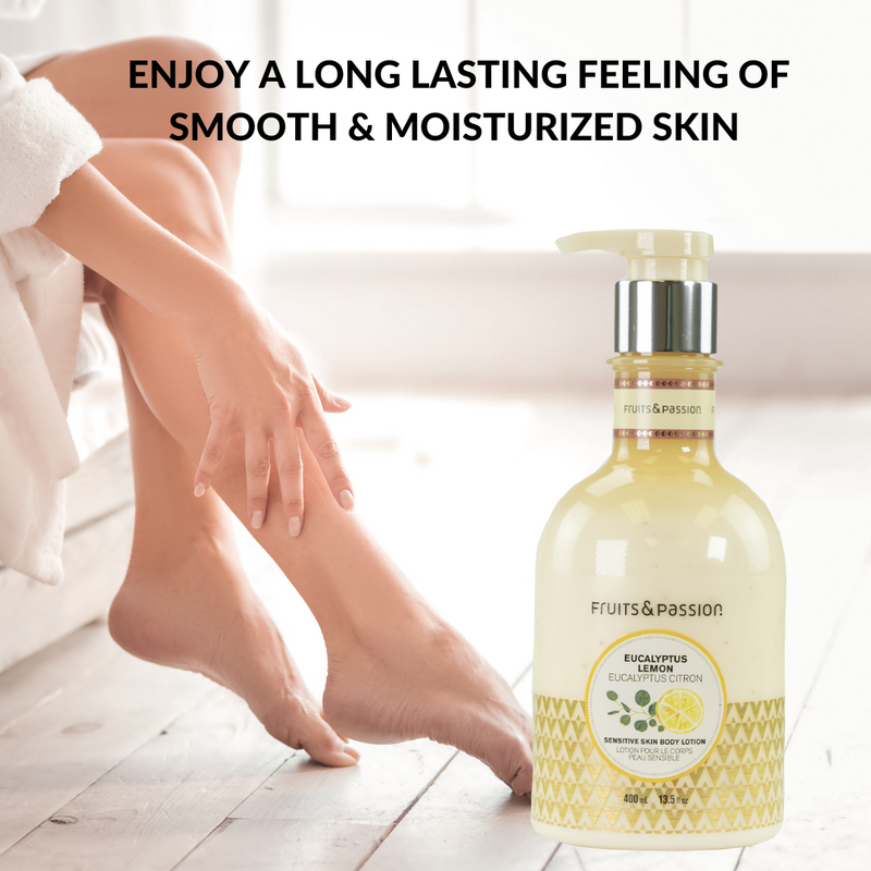Fruits & Passion Eucalyptus Lemon Moisturizing Body Lotion and Exfoliating Body Scrub 13.5 Ounces Set-Benefit