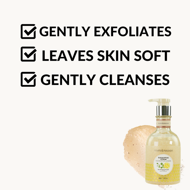 Fruits & Passion Eucalyptus Lemon Moisturizing Body Lotion and Exfoliating Body Scrub 13.5 Ounces Set-Features