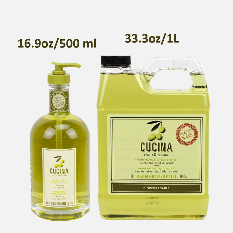 Fruits & Passion Cucina Coriander and Olive Tree Hand Soap Bundle (16.9 Ounces + 33.3 Ounces)-Front Description