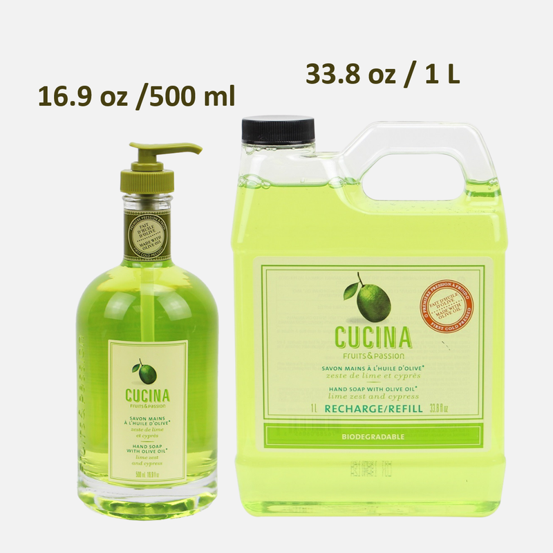 Fruits & Passion Cucina Lime Zest and Cypress Hand Soap Bundle (16.9 Ounces + 33.3 Ounces) -Front Description