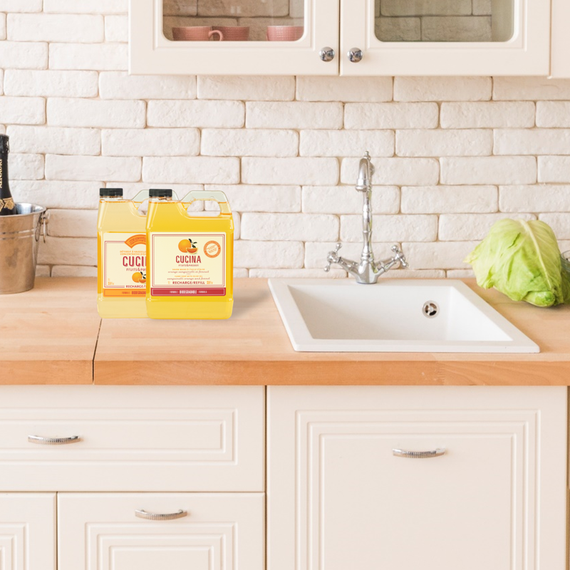 Fruits & Passion Cusina Orange Sanguinelli and Fennel Dish Detergent and Hand Soap on Kitchen shelf
