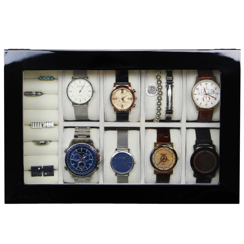 Decorebay Java 8-Slot Piano Finish Wooden Luxury Watch, Cufflink and Ring Display Case and Jewelry Organizer