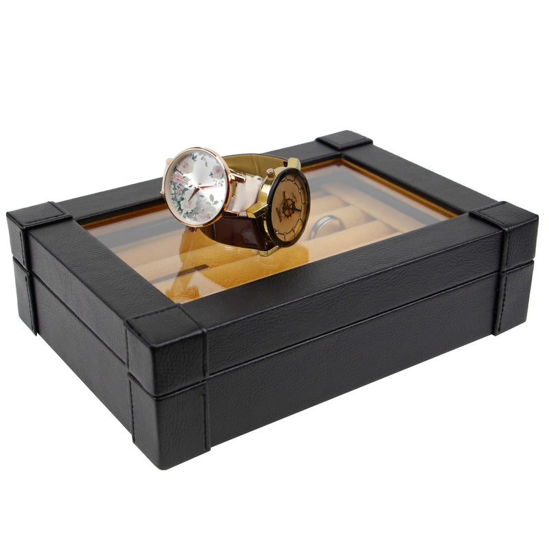 Decorebay Explorer Cufflink Box and Luxury Jewelry Display Case for Men with Glass Top - Black