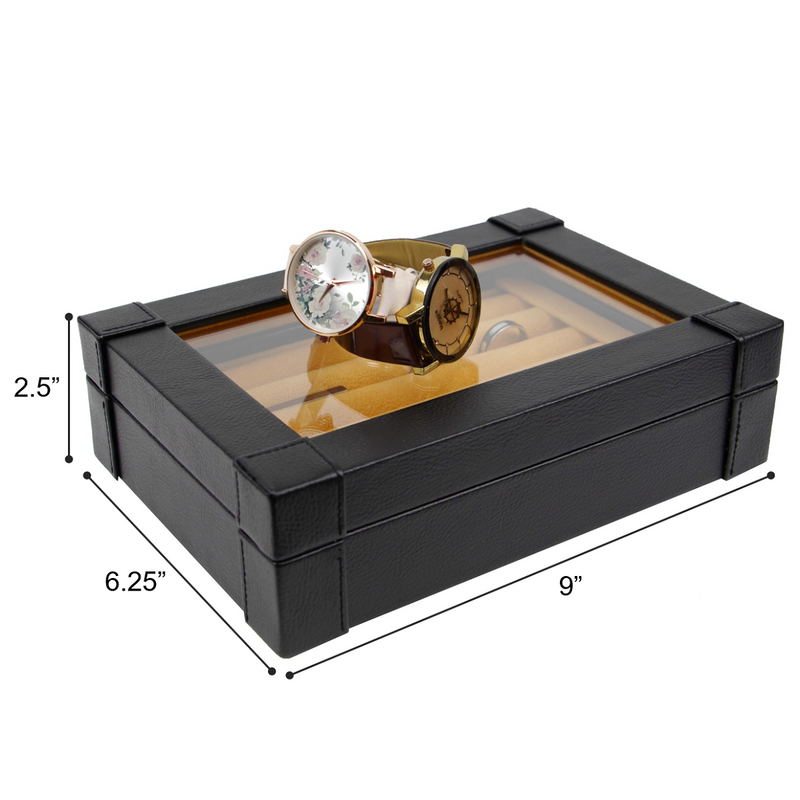 Decorebay Explorer Cufflink Box and Luxury Jewelry Display Case for Men with Glass Top - Black