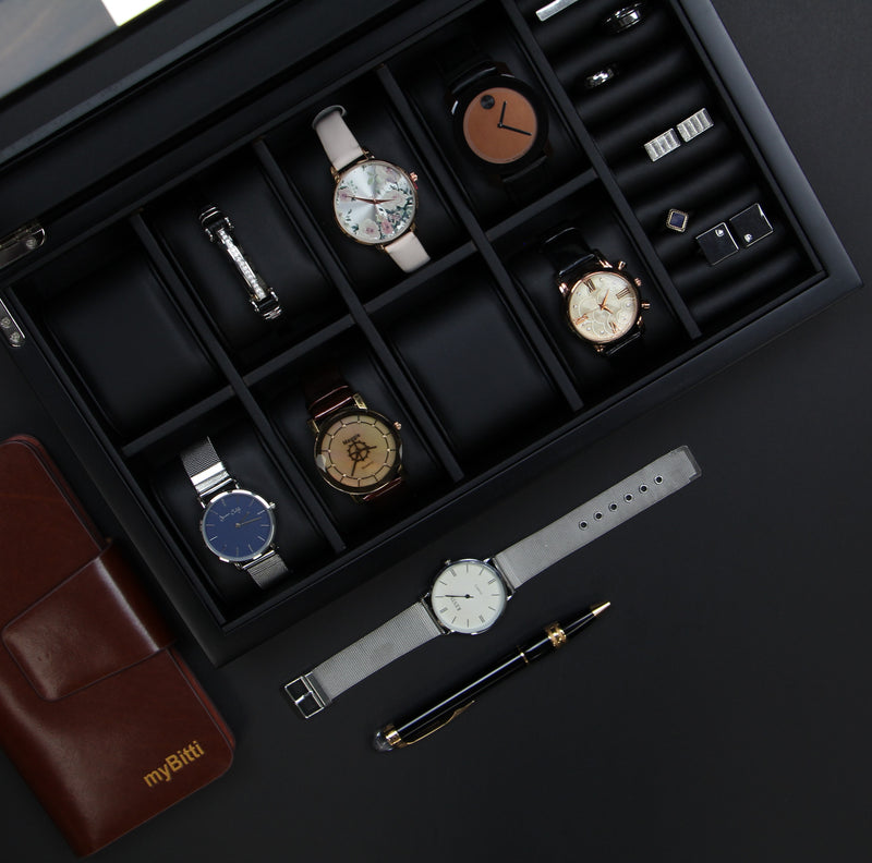 Decorebay Watchmen 8-Slot Wooden Luxury Watch, Cufflink and Ring Display Case and Jewelry Organizer