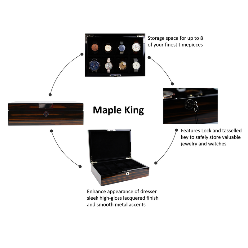 Decorebay High Gloss Lacquered Piano Finish 8-Slot Watch Display Case and Organizer (Maple King)