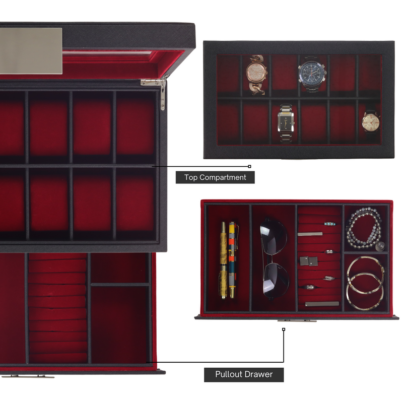 Decorebay 12 Watches Storage and Multi-Purpose Black and Red Leather Jewelry Box (My Darling)