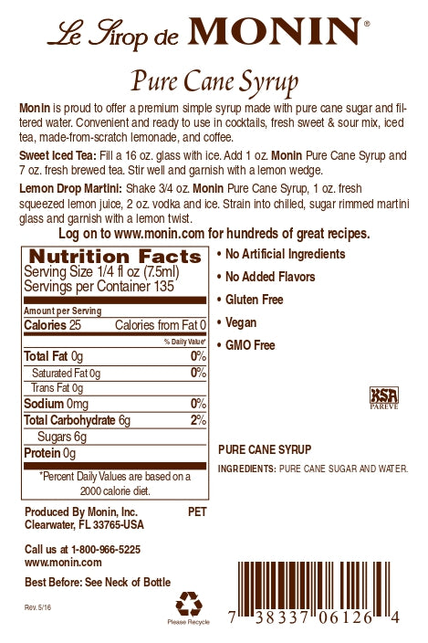 Monin Pure Cane Flavor Syrup - Ingredients and Nutrition