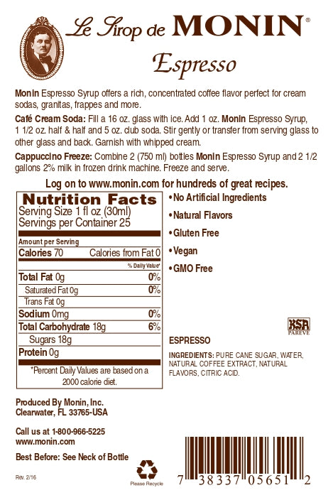 Monin Vegan, Gluten-Free Premium Espresso Gourmet Syrup 750ml- Back Description