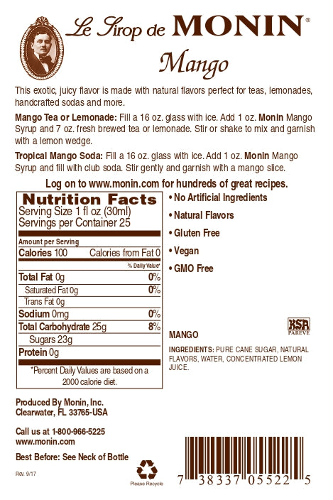 Monin Gluten-Free, Vegan Premium Mango Fruit Flavor Syrup 750ml-Back Description