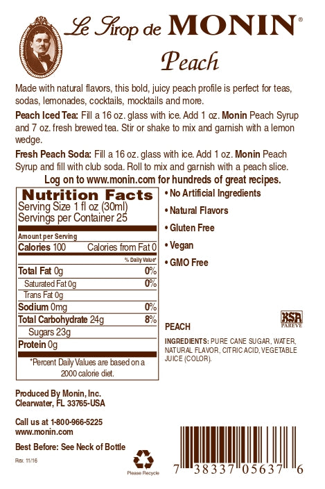 Monin Gluten-Free, Vegan Premium Peach Fruit Syrup 750ml-Back Description