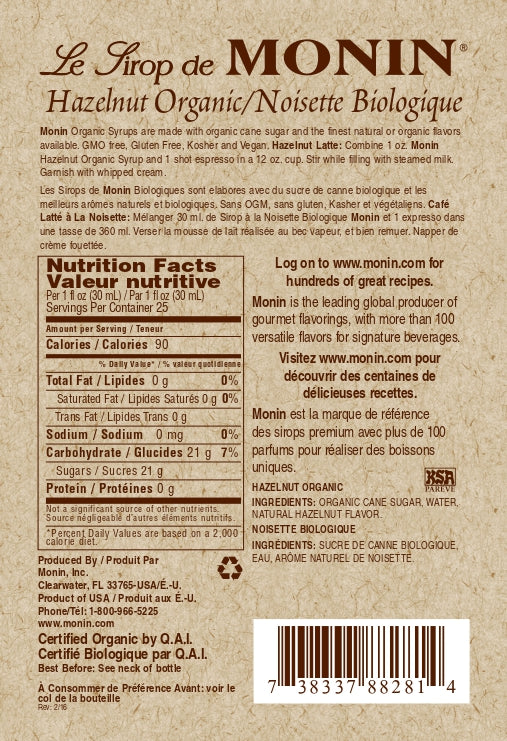 Monin Gluten-Free, Vegan Premium Organic Hazelnut Syrup 750ml - Back Description