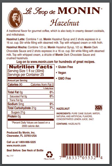 Monin Gluten-Free, Vegan Premium Gourmet Hazelnut Syrup 750ml-Back Description