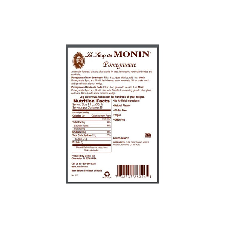 Monin Vegan Pomegranate Premium gourmet Syrup 750ml- Back Description