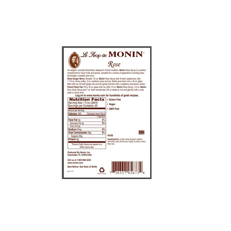 Monin Gluten-Free, Vegan Premium Rose Flavor Syrup 750ml-Back Description
