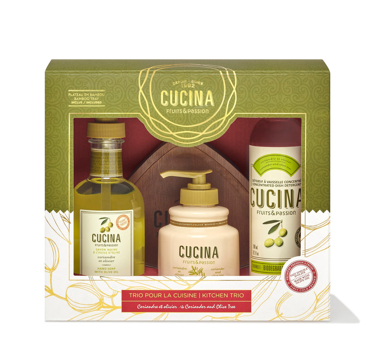 Fruits & Passion Coriander and Olive Tree Kitchen Trio Holiday Gift Set with Bamboo Tray Christmas 2021