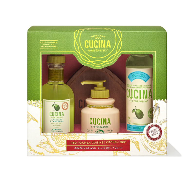 Fruits & Passion Lime Zest and Cypress Kitchen Trio Holiday Gift Set (Hand Soap, Dish Detergent & Hand Cream)