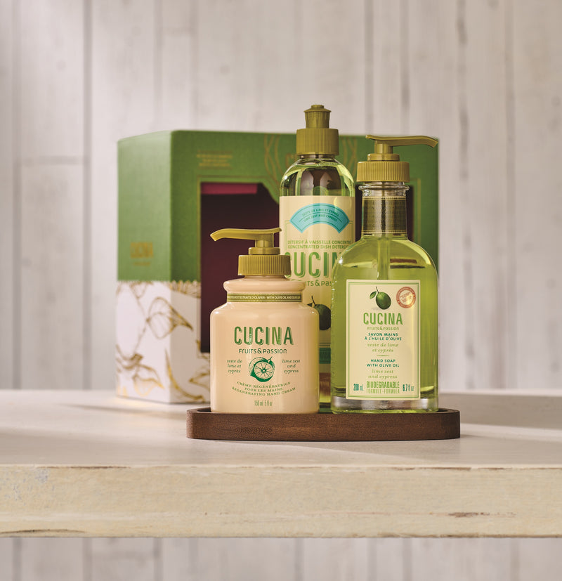 Fruits & Passion Lime Zest and Cypress Kitchen Trio Holiday Gift Set (Hand Soap, Dish Detergent & Hand Cream)