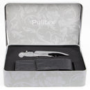 Silver corkscrew and 1 black leather case in a Metal box.
