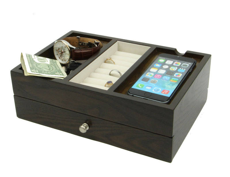 Executive Mens Oak Wood Valet Storage Organizer Men's Jewelry Box- Top View